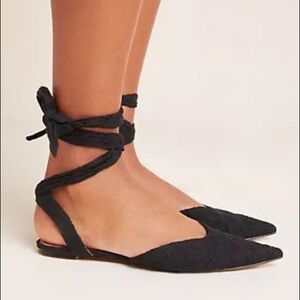 Anthropologie black eyelet point toe tie up flats
